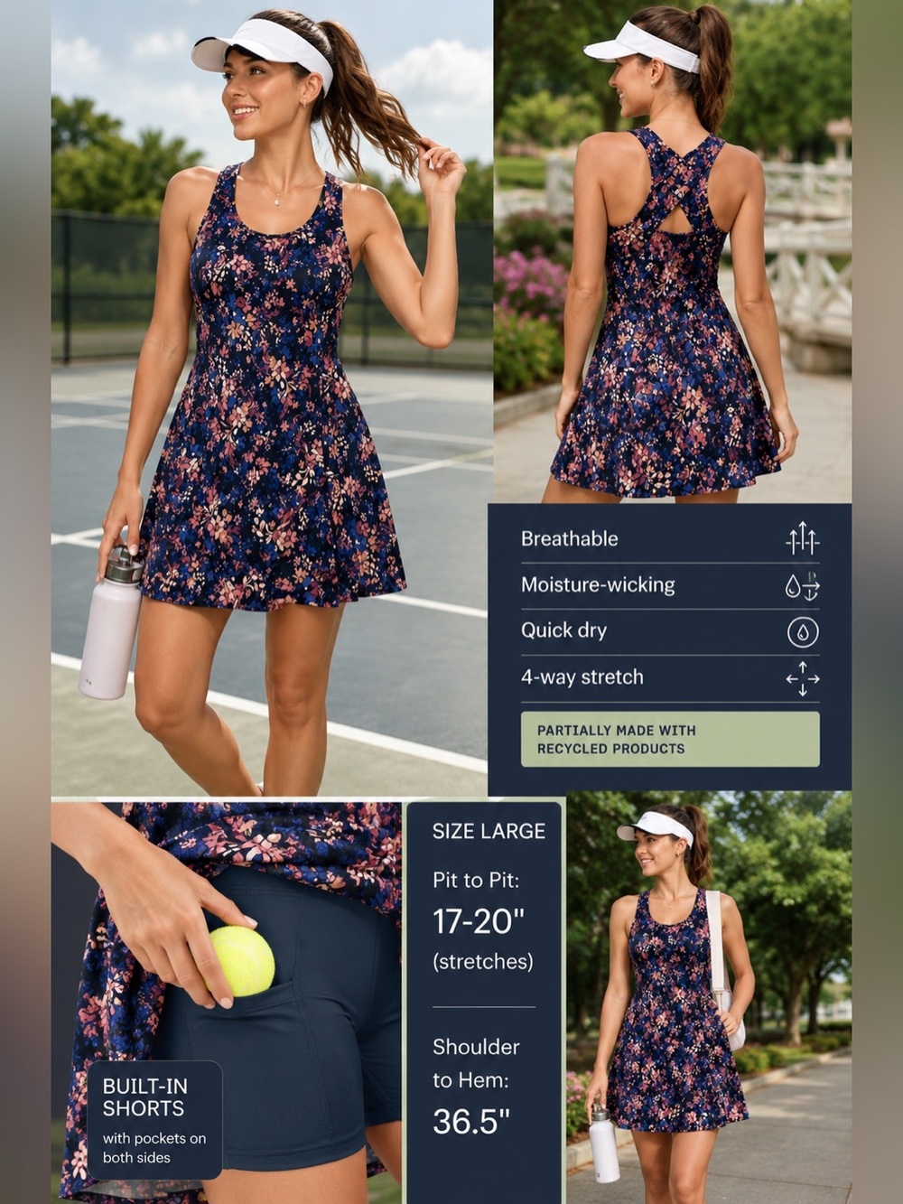 Women’s Navy Floral Athletic Tennis Dress with Built-In Shorts